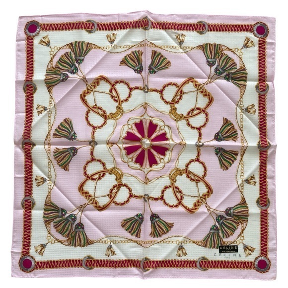 Authentic Celine Vintage Pink And Gold Patterned Silk Handkerchief